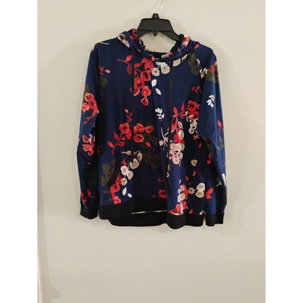 Lildy Super Soft Hoodie Womens Large XL Navy Blue Red Floral Pullover Sweatshirt